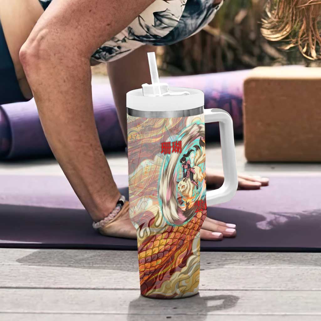 Sango and Kirara Inuyasha Series Tumbler With Handle Mythical Anime Style with Flame and Scale Motif