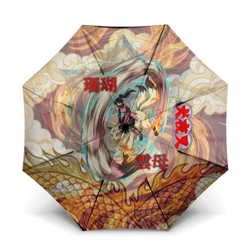 Sango and Kirara Inuyasha Series Umbrella Mythical Anime Style with Flame and Scale Motif