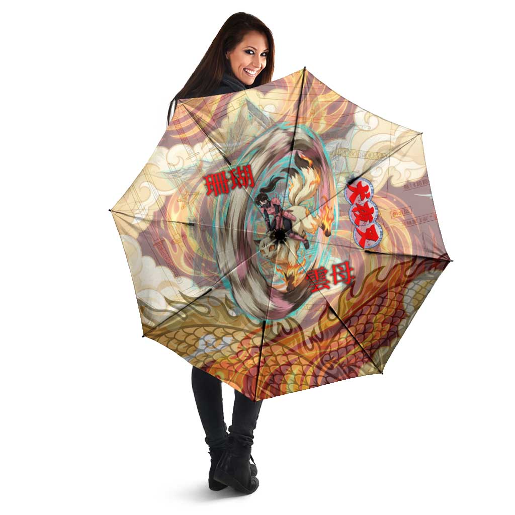 Sango and Kirara Inuyasha Series Umbrella Mythical Anime Style with Flame and Scale Motif