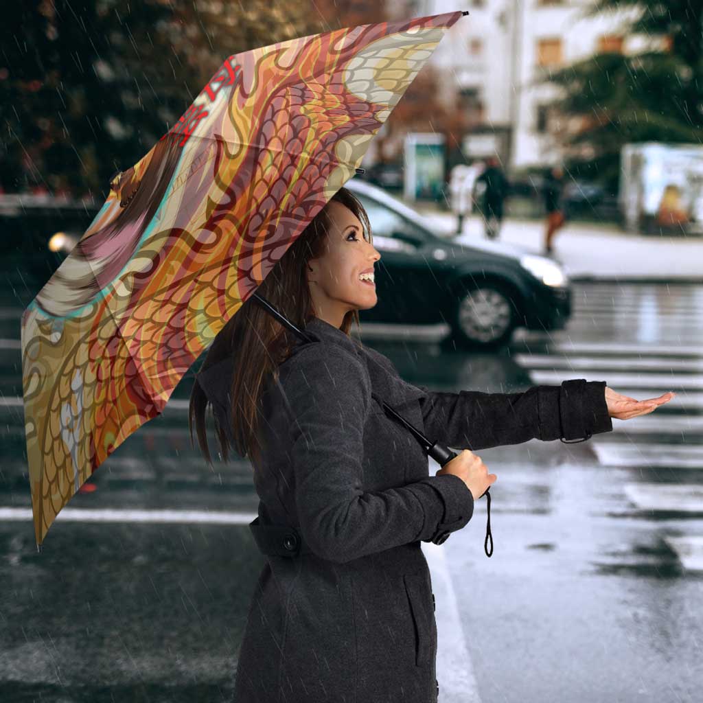 Sango and Kirara Inuyasha Series Umbrella Mythical Anime Style with Flame and Scale Motif