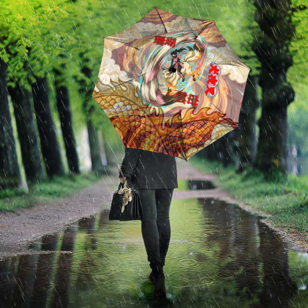 Sango and Kirara Inuyasha Series Umbrella Mythical Anime Style with Flame and Scale Motif