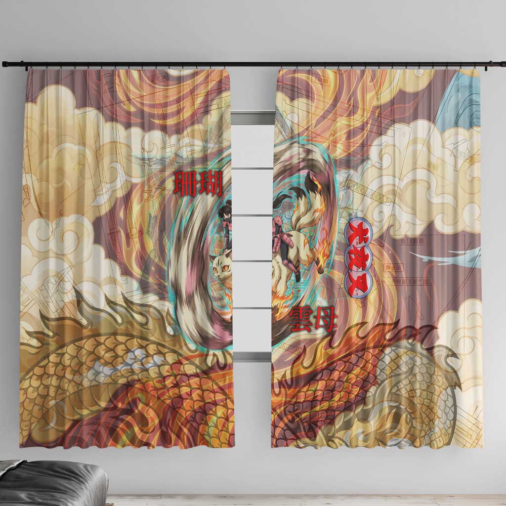 Sango and Kirara Inuyasha Series Window Curtain Mythical Anime Style with Flame and Scale Motif