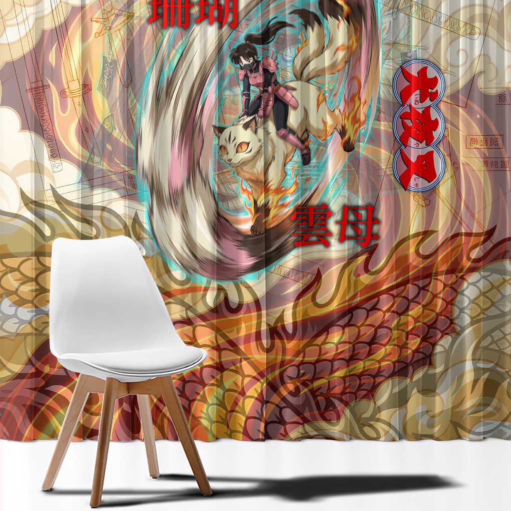 Sango and Kirara Inuyasha Series Window Curtain Mythical Anime Style with Flame and Scale Motif