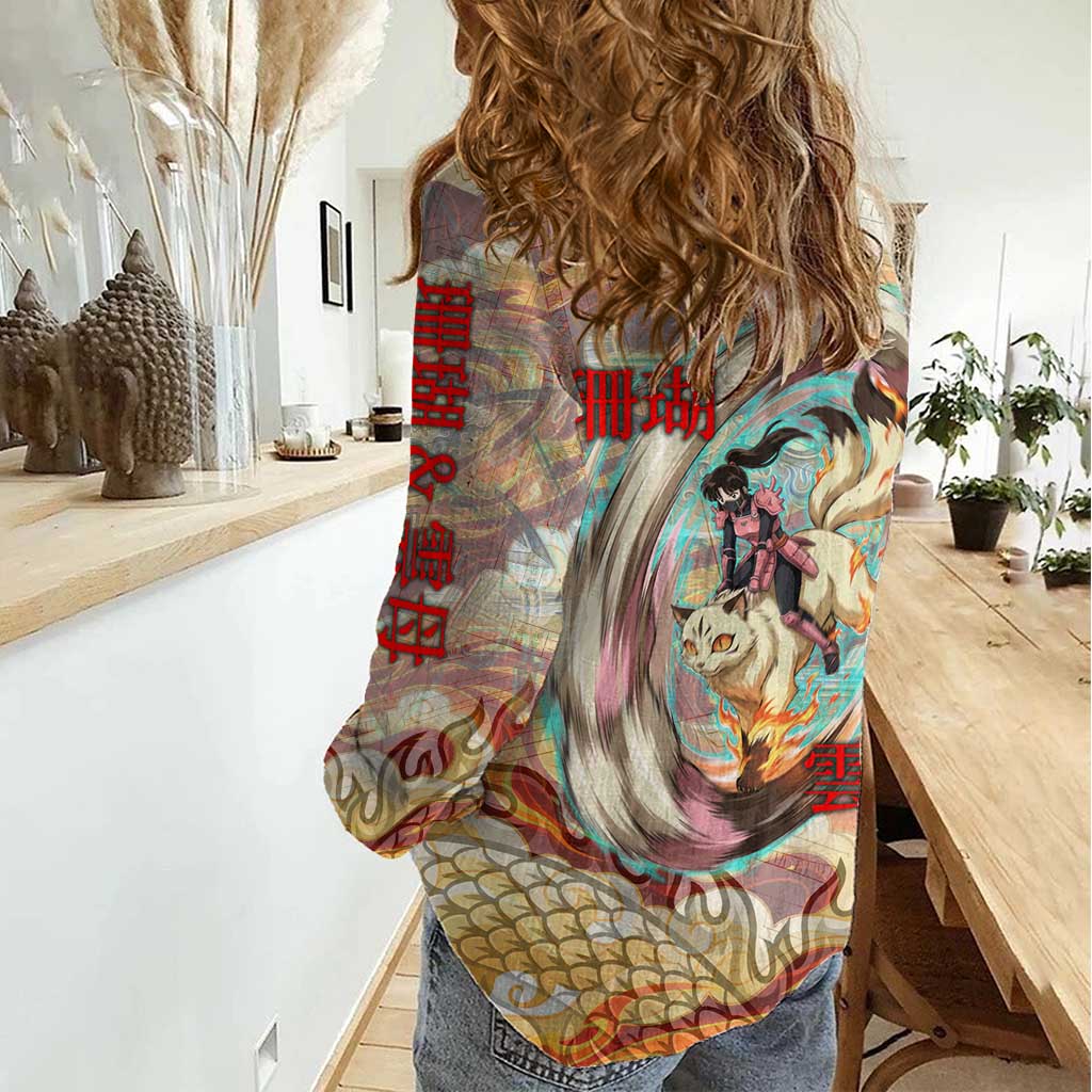 Sango and Kirara Inuyasha Series Women Casual Shirt Mythical Anime Style with Flame and Scale Motif