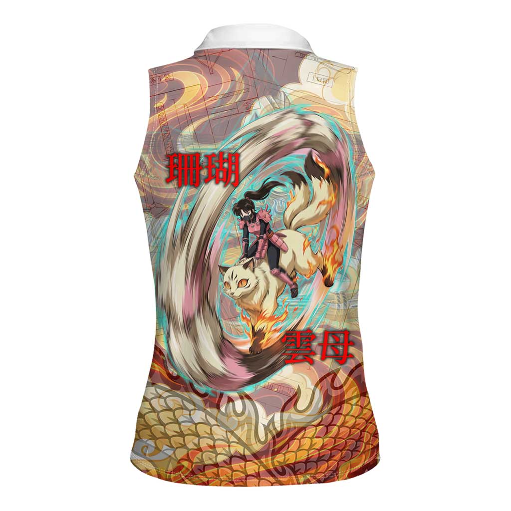 Sango and Kirara Inuyasha Series Women Sleeveless Polo Shirt Mythical Anime Style with Flame and Scale Motif