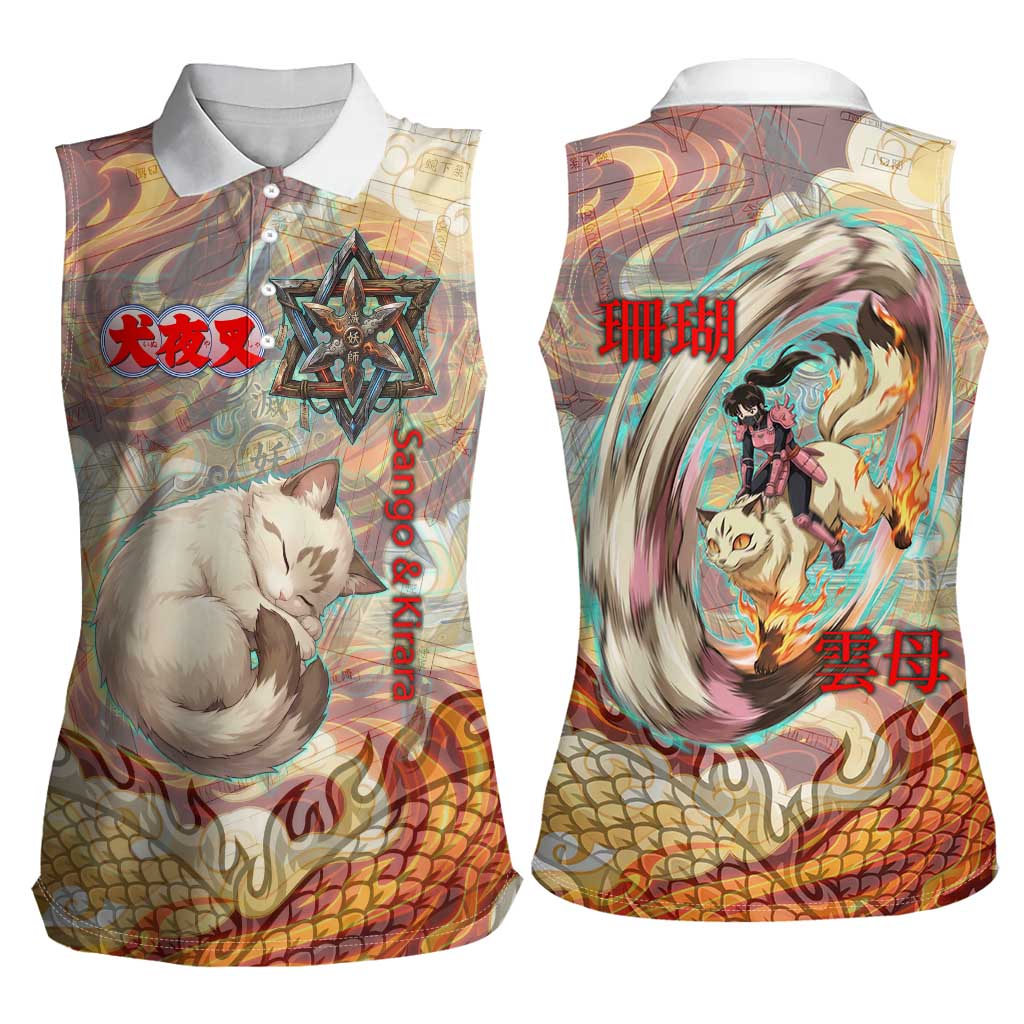Sango and Kirara Inuyasha Series Women Sleeveless Polo Shirt Mythical Anime Style with Flame and Scale Motif