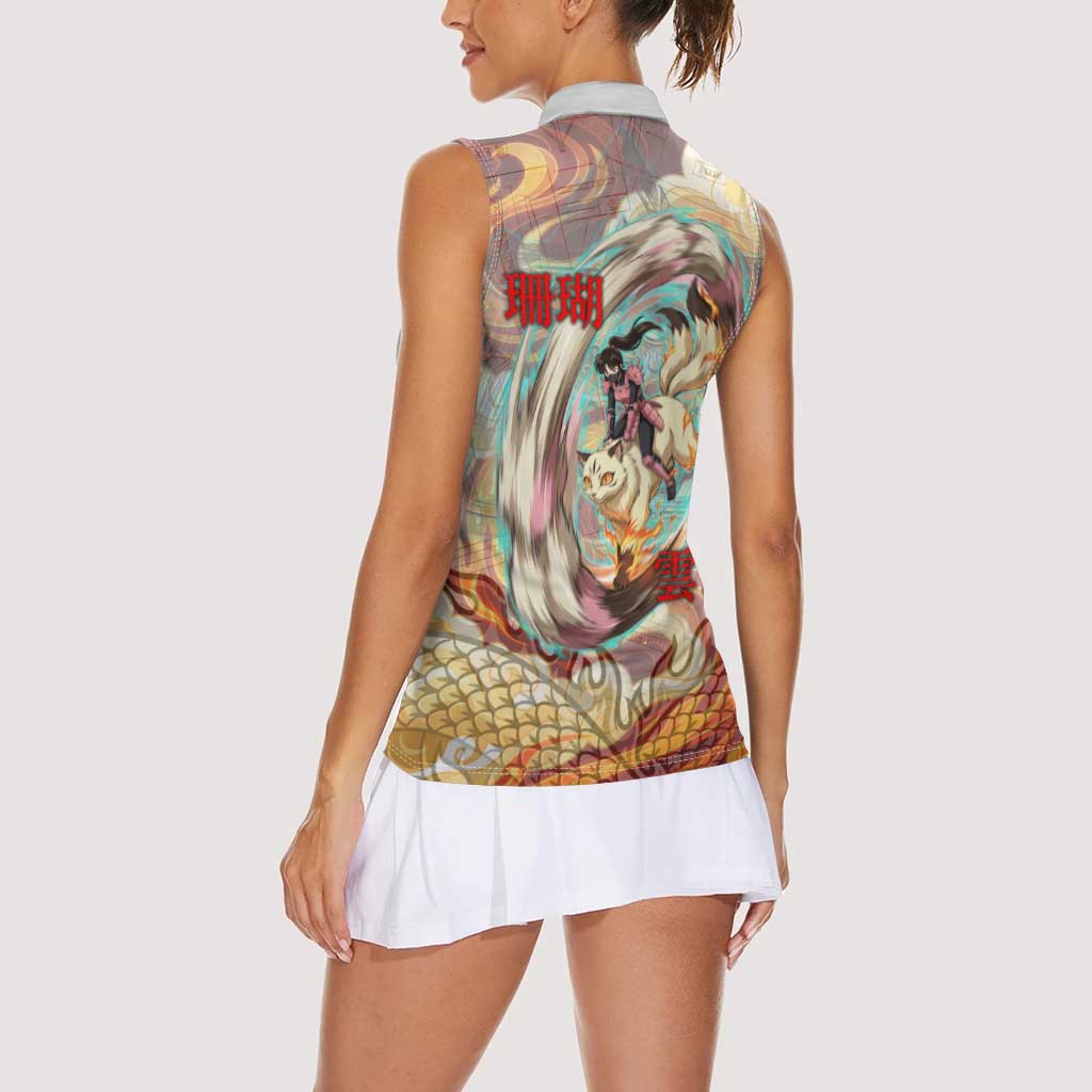Sango and Kirara Inuyasha Series Women Sleeveless Polo Shirt Mythical Anime Style with Flame and Scale Motif