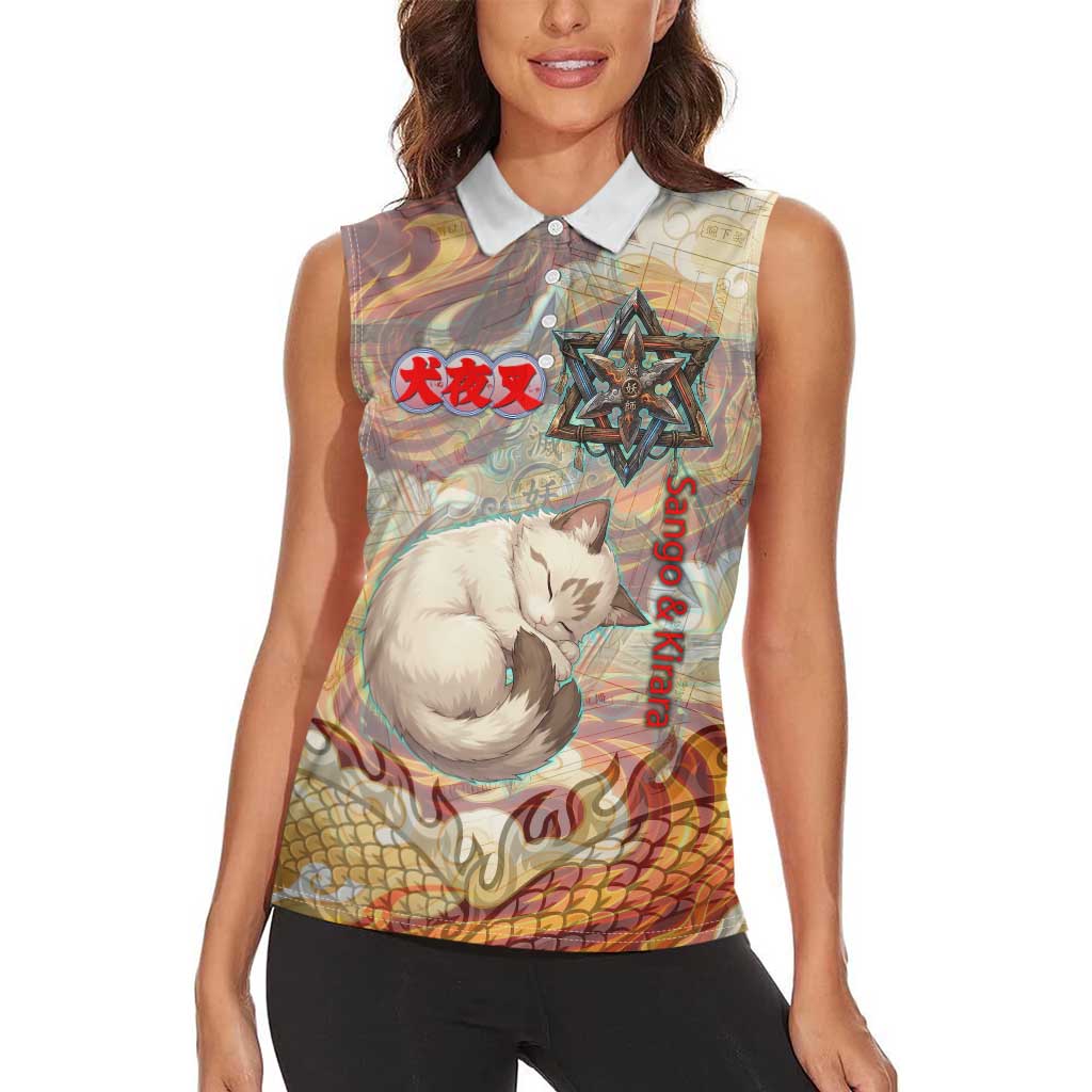 Sango and Kirara Inuyasha Series Women Sleeveless Polo Shirt Mythical Anime Style with Flame and Scale Motif