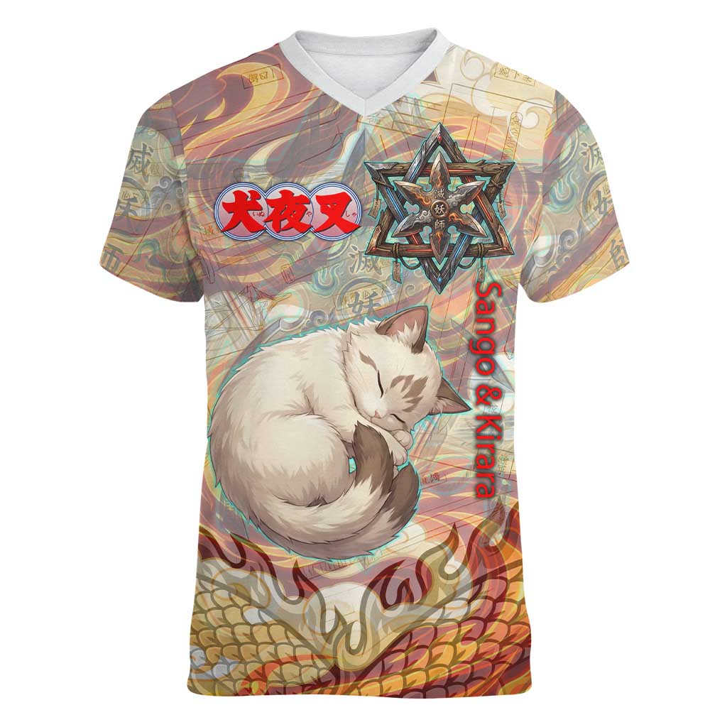 Sango and Kirara Inuyasha Series Women V-Neck T-Shirt Mythical Anime Style with Flame and Scale Motif