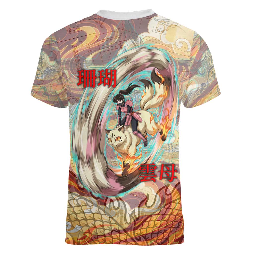 Sango and Kirara Inuyasha Series Women V-Neck T-Shirt Mythical Anime Style with Flame and Scale Motif