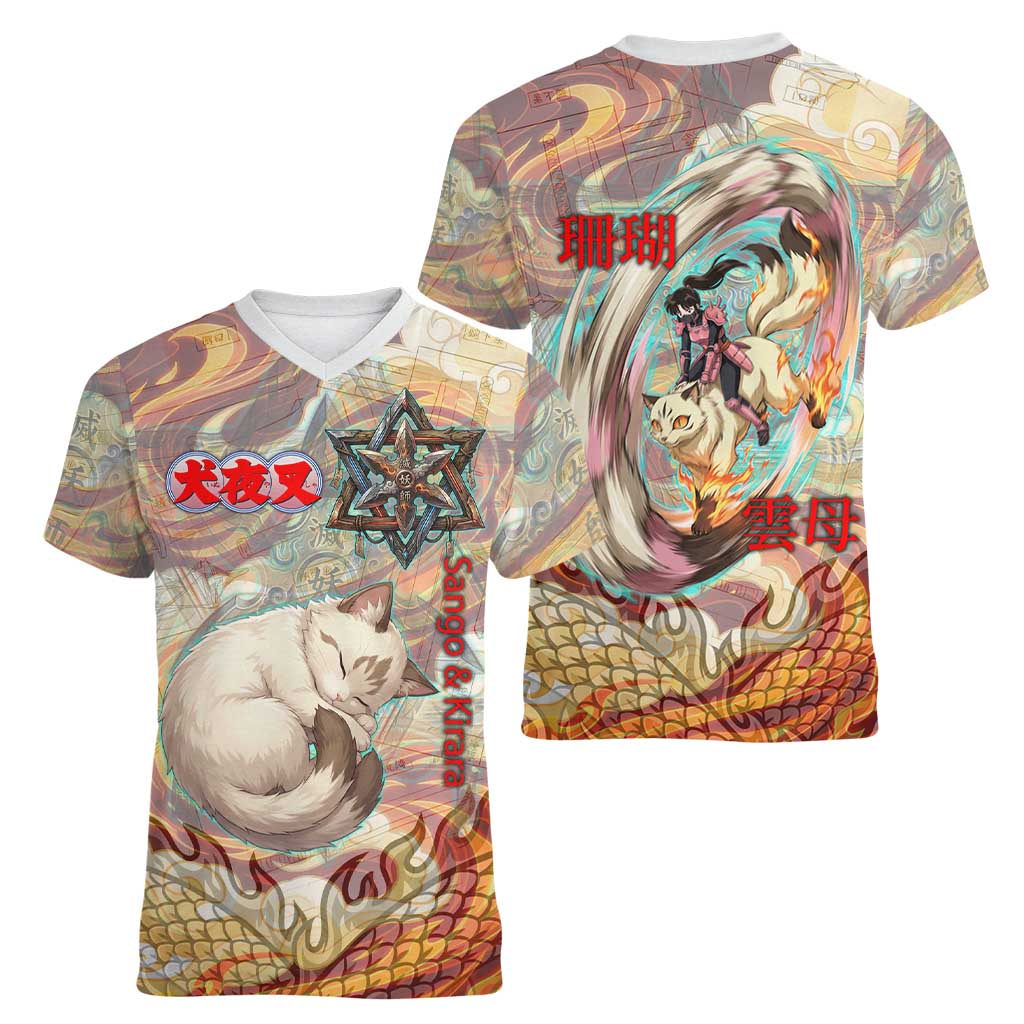 Sango and Kirara Inuyasha Series Women V-Neck T-Shirt Mythical Anime Style with Flame and Scale Motif
