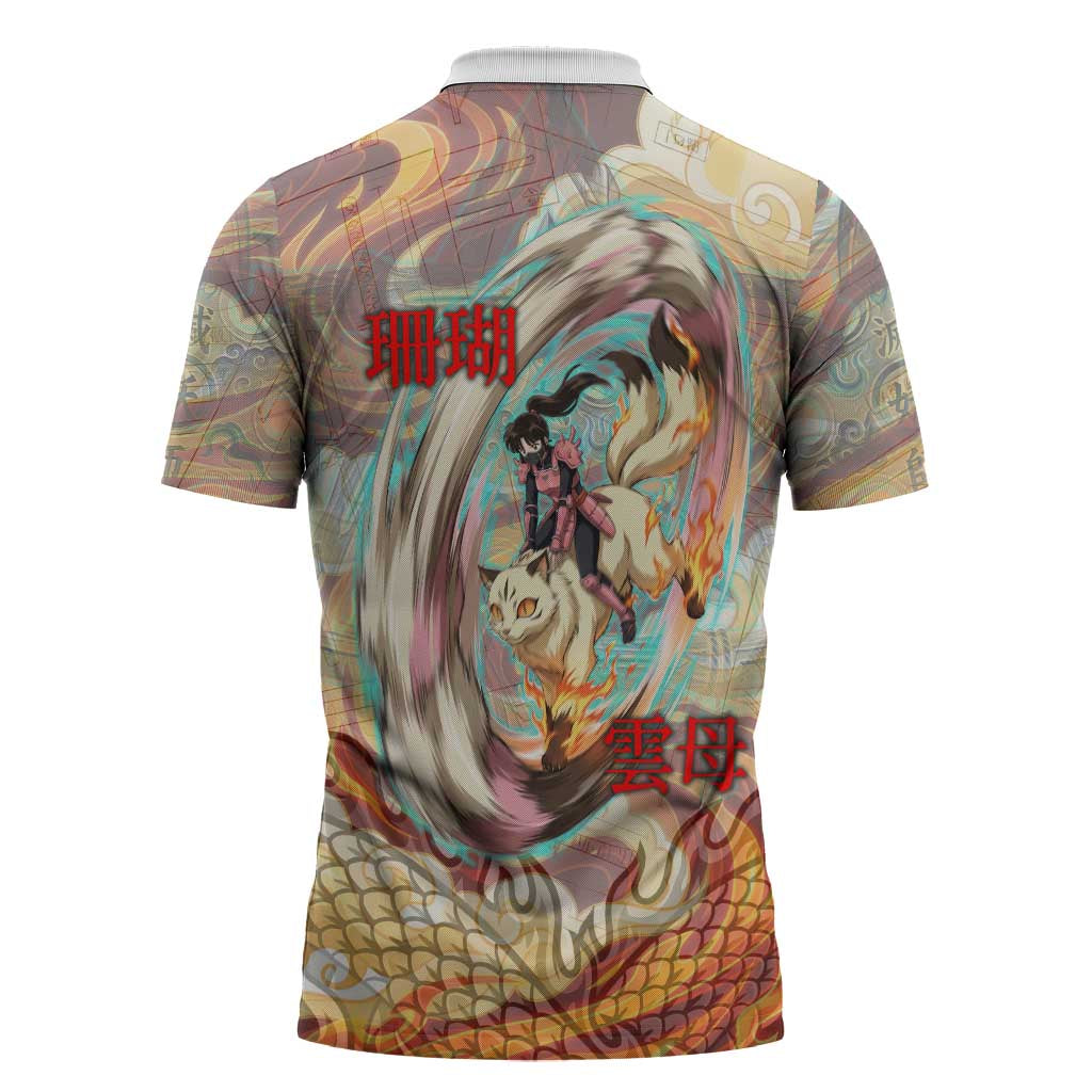 Sango and Kirara Inuyasha Series Zipper Polo Shirt Mythical Anime Style with Flame and Scale Motif