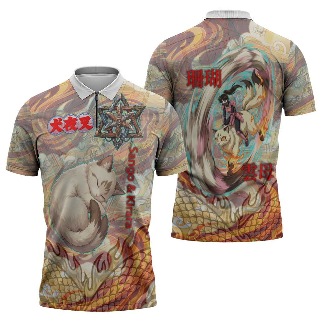 Sango and Kirara Inuyasha Series Zipper Polo Shirt Mythical Anime Style with Flame and Scale Motif