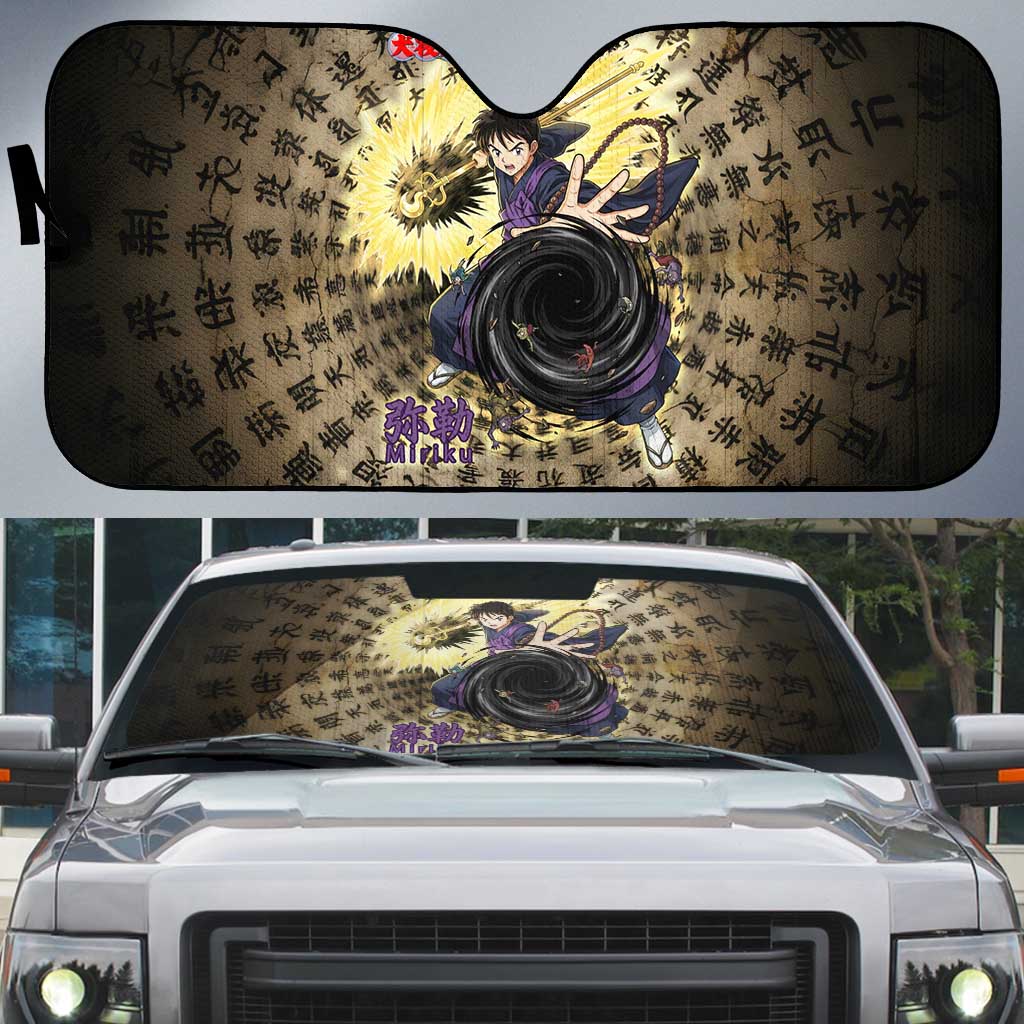 Miroku Inuyasha Series Auto Sun Shade Cursed Monk Aesthetic with Sutra Script Background