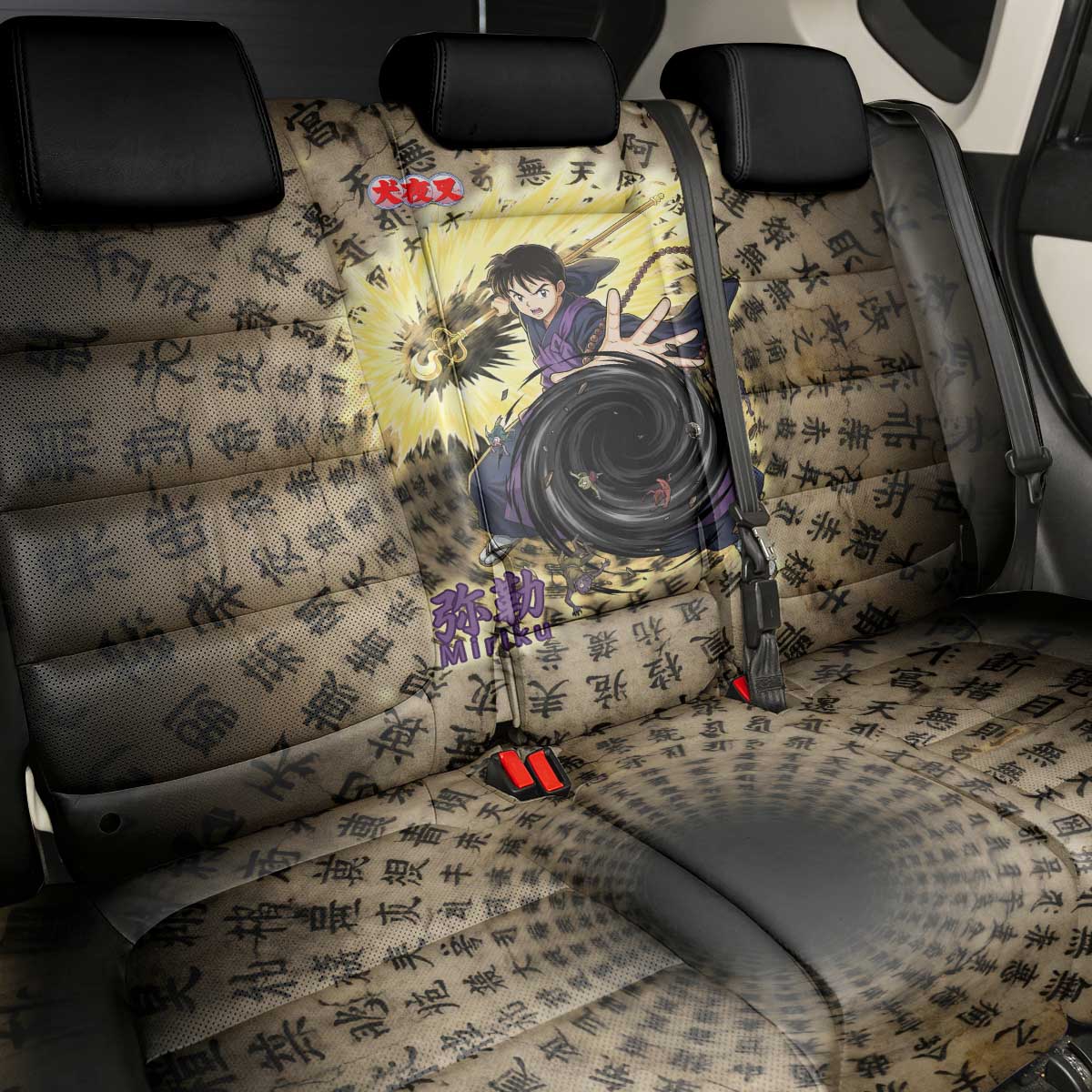 Miroku Inuyasha Series Back Car Seat Cover Cursed Monk Aesthetic with Sutra Script Background