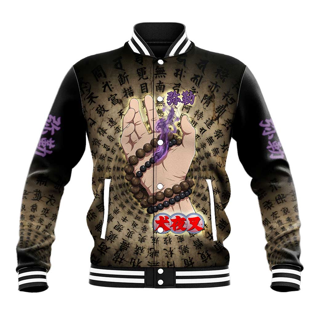 Miroku Inuyasha Series Baseball Jacket Cursed Monk Aesthetic with Sutra Script Background
