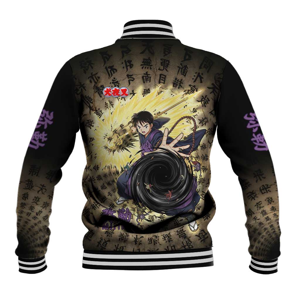 Miroku Inuyasha Series Baseball Jacket Cursed Monk Aesthetic with Sutra Script Background