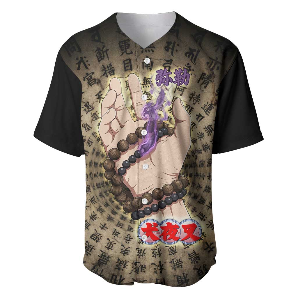 Miroku Inuyasha Series Baseball Jersey Cursed Monk Aesthetic with Sutra Script Background