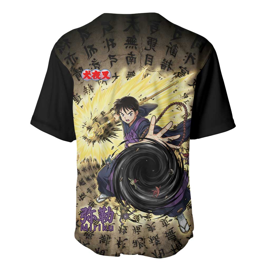 Miroku Inuyasha Series Baseball Jersey Cursed Monk Aesthetic with Sutra Script Background