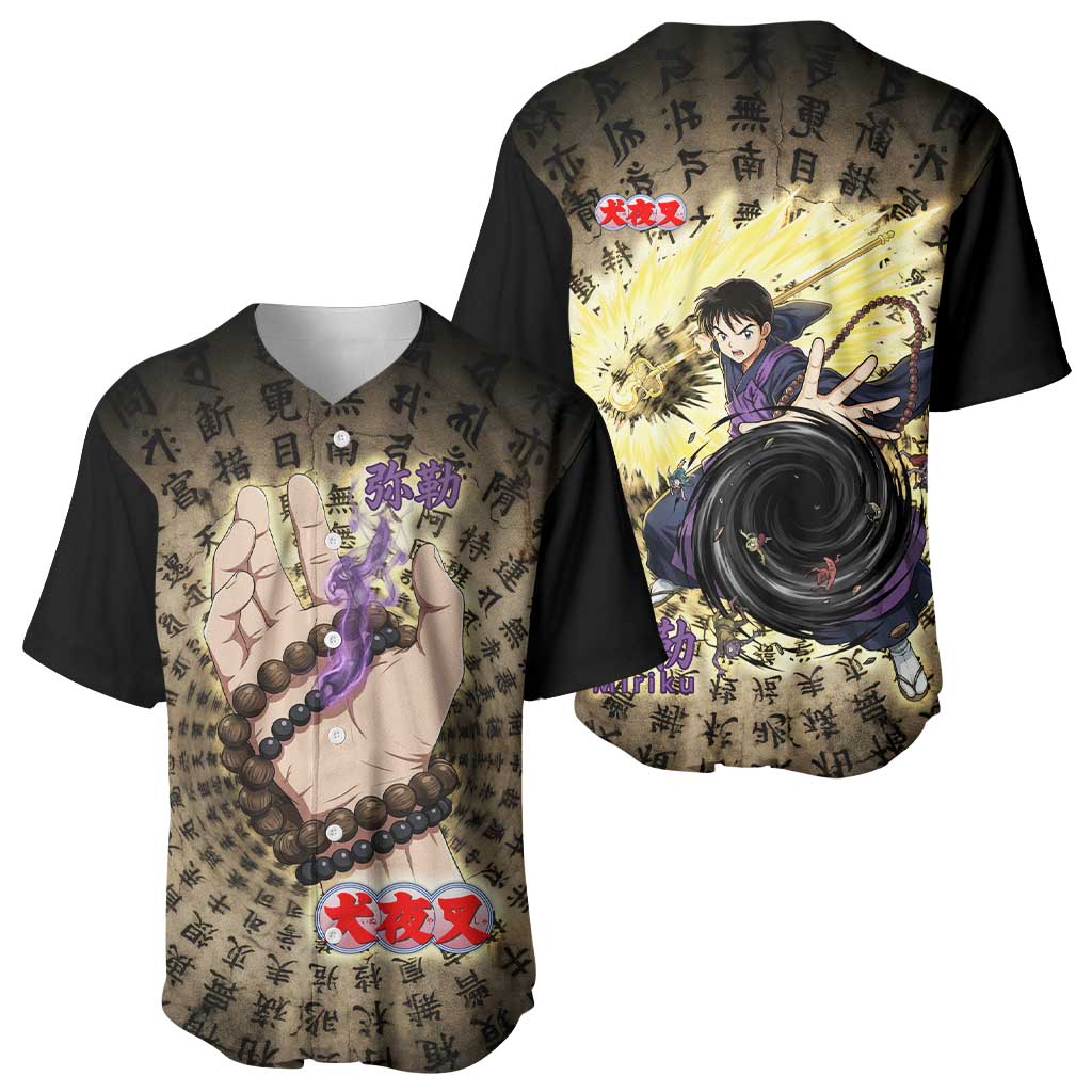 Miroku Inuyasha Series Baseball Jersey Cursed Monk Aesthetic with Sutra Script Background