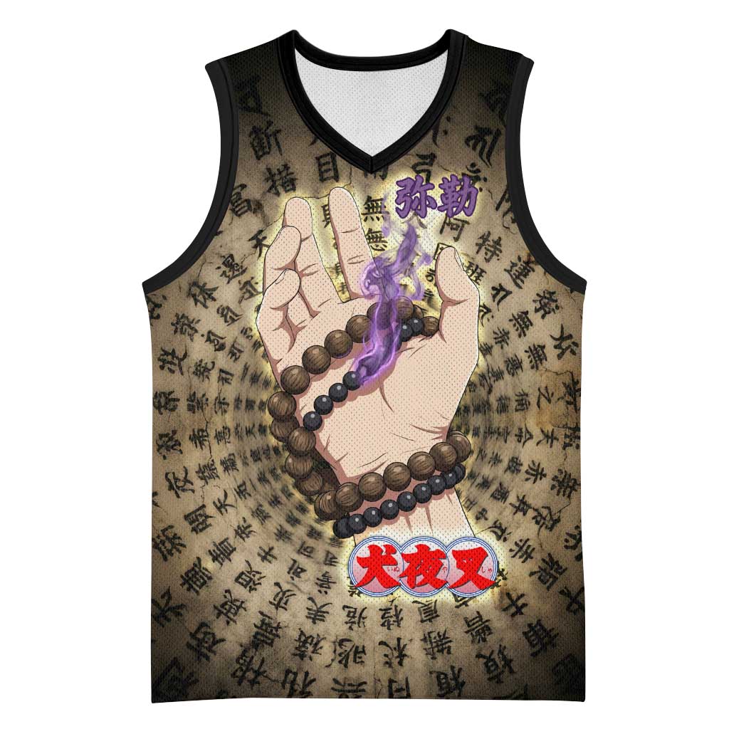 Miroku Inuyasha Series Basketball Jersey Cursed Monk Aesthetic with Sutra Script Background