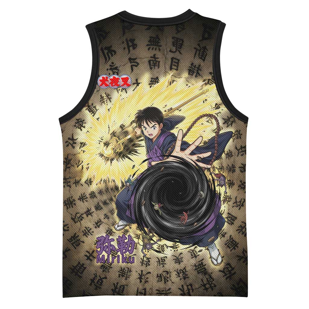 Miroku Inuyasha Series Basketball Jersey Cursed Monk Aesthetic with Sutra Script Background