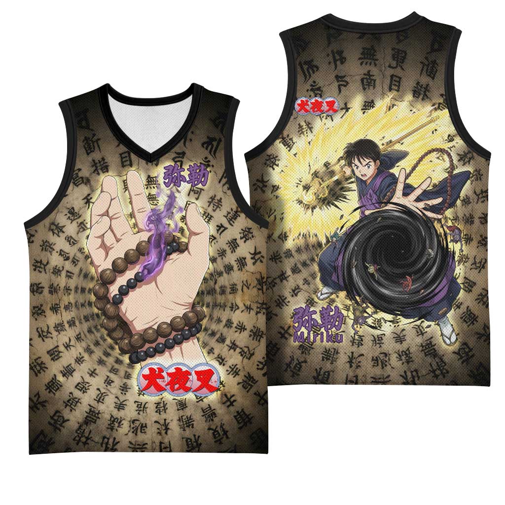 Miroku Inuyasha Series Basketball Jersey Cursed Monk Aesthetic with Sutra Script Background