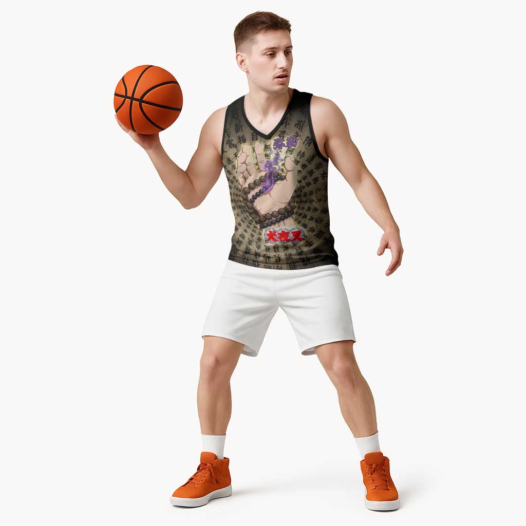 Miroku Inuyasha Series Basketball Jersey Cursed Monk Aesthetic with Sutra Script Background