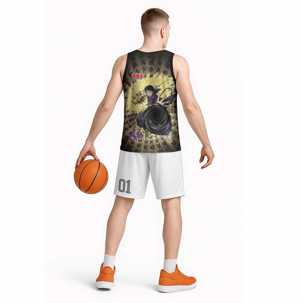 Miroku Inuyasha Series Basketball Jersey Cursed Monk Aesthetic with Sutra Script Background
