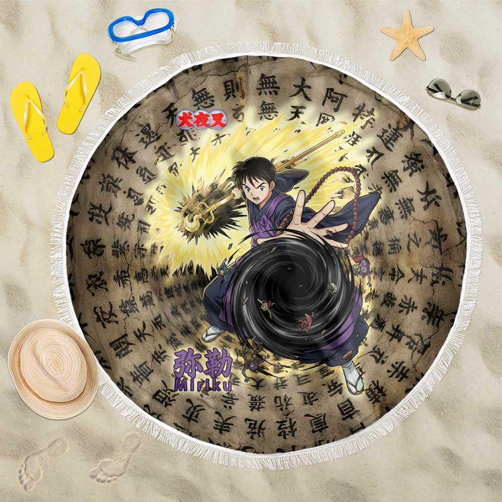 Miroku Inuyasha Series Beach Blanket Cursed Monk Aesthetic with Sutra Script Background