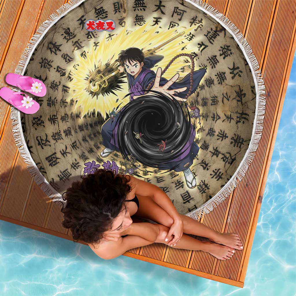 Miroku Inuyasha Series Beach Blanket Cursed Monk Aesthetic with Sutra Script Background