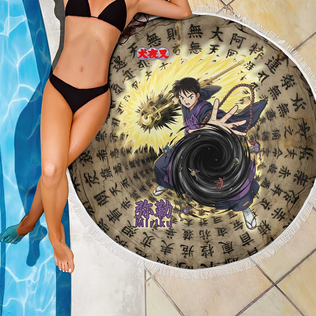 Miroku Inuyasha Series Beach Blanket Cursed Monk Aesthetic with Sutra Script Background