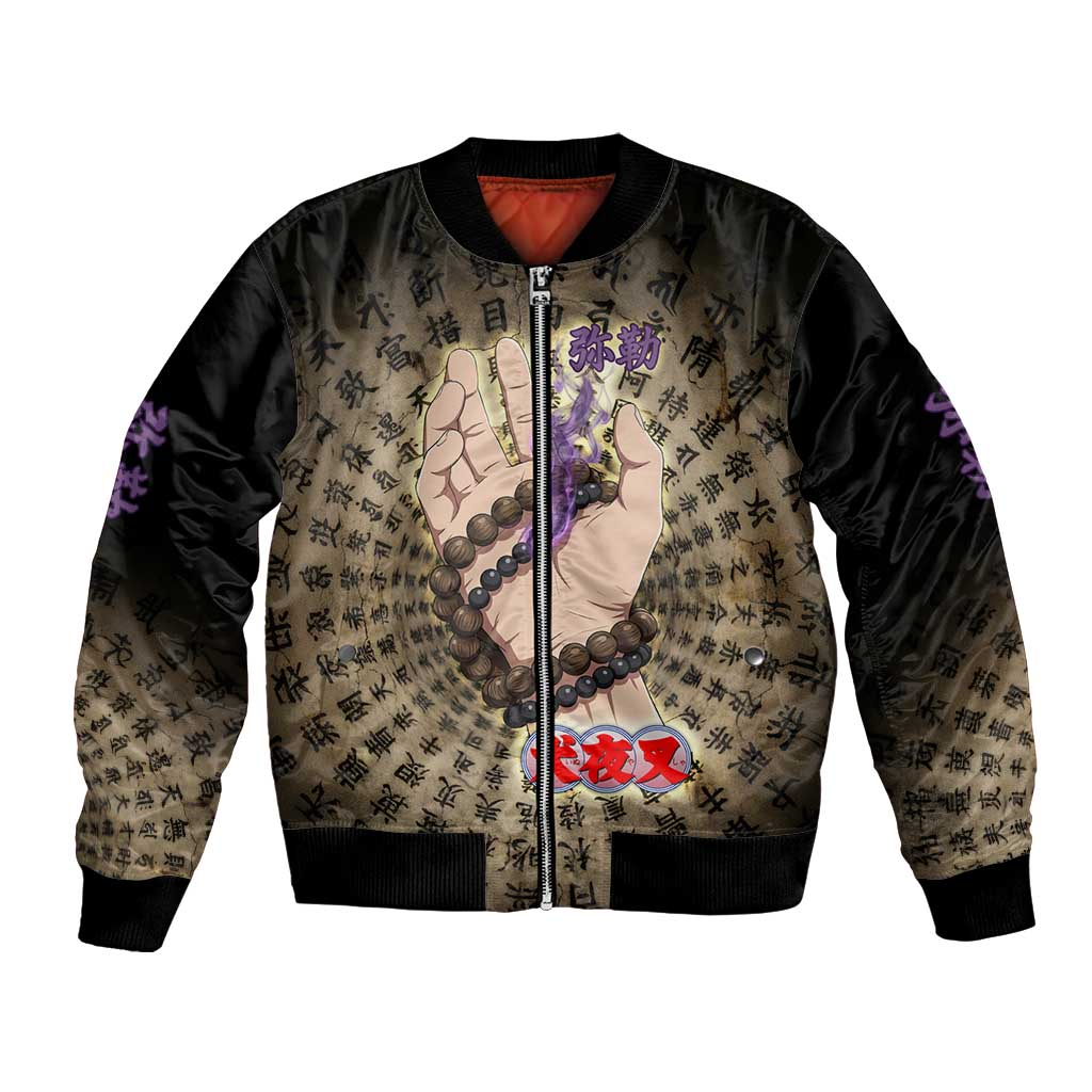 Miroku Inuyasha Series Bomber Jacket Cursed Monk Aesthetic with Sutra Script Background