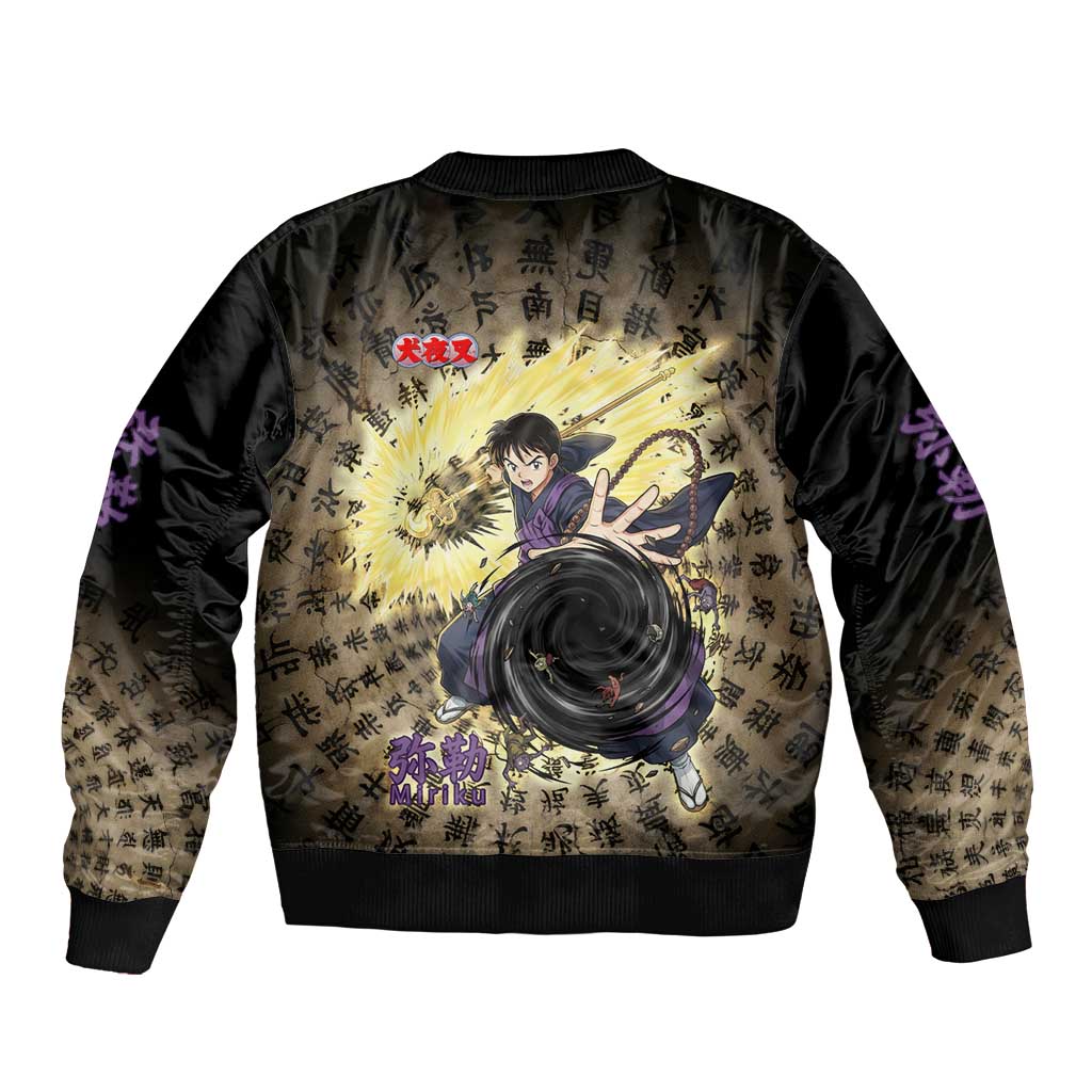 Miroku Inuyasha Series Bomber Jacket Cursed Monk Aesthetic with Sutra Script Background