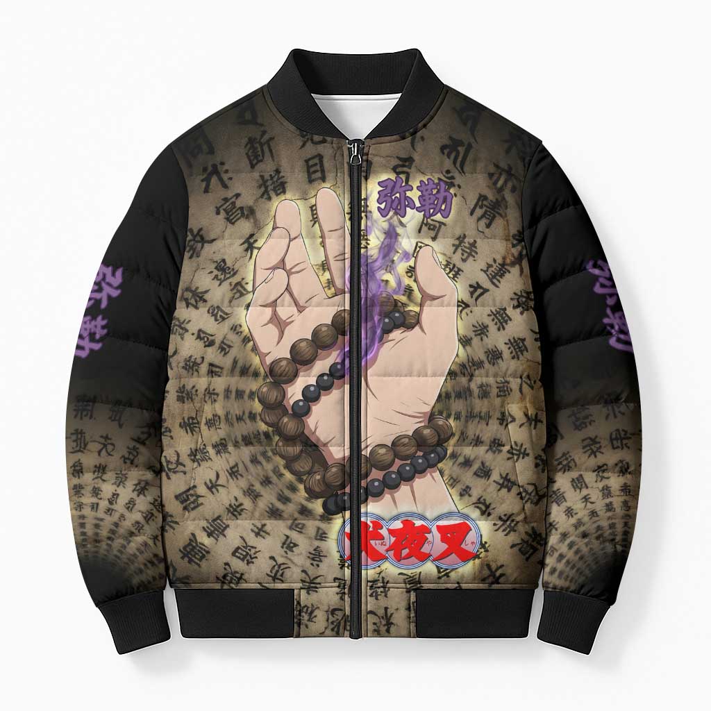 Miroku Inuyasha Series Bomber Puffer Jacket Cursed Monk Aesthetic with Sutra Script Background