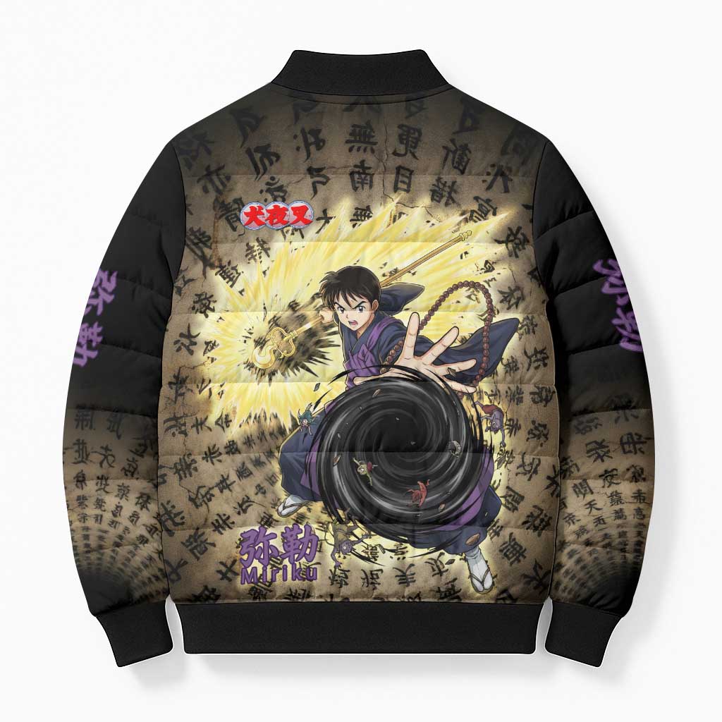 Miroku Inuyasha Series Bomber Puffer Jacket Cursed Monk Aesthetic with Sutra Script Background
