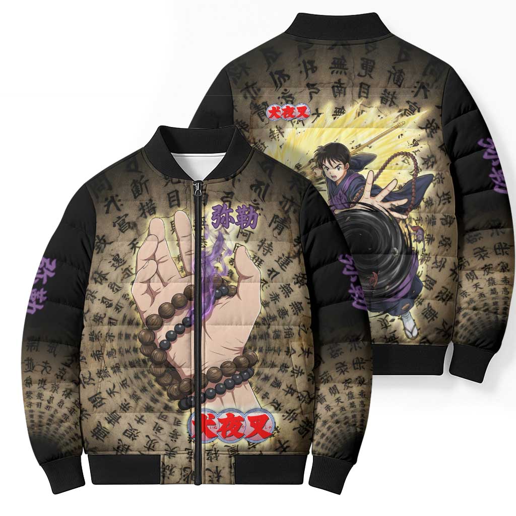 Miroku Inuyasha Series Bomber Puffer Jacket Cursed Monk Aesthetic with Sutra Script Background