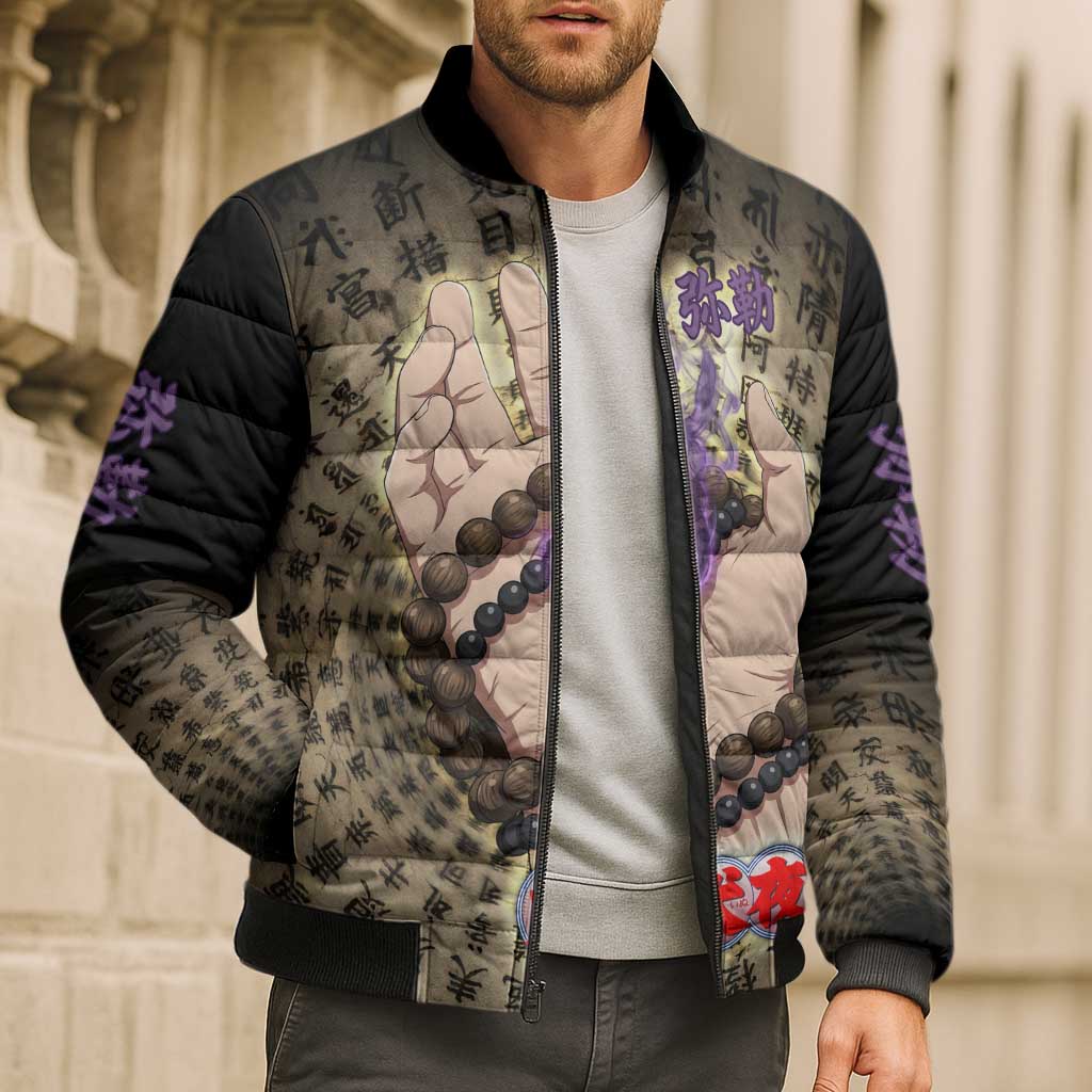 Miroku Inuyasha Series Bomber Puffer Jacket Cursed Monk Aesthetic with Sutra Script Background
