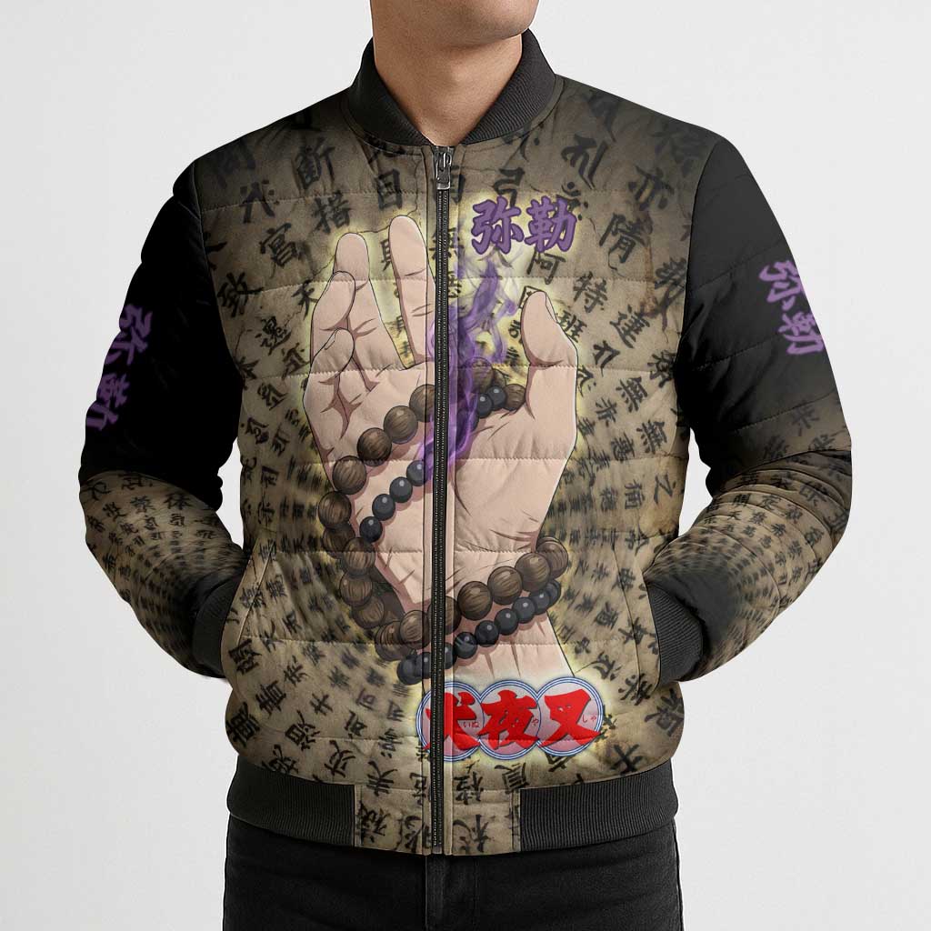 Miroku Inuyasha Series Bomber Puffer Jacket Cursed Monk Aesthetic with Sutra Script Background