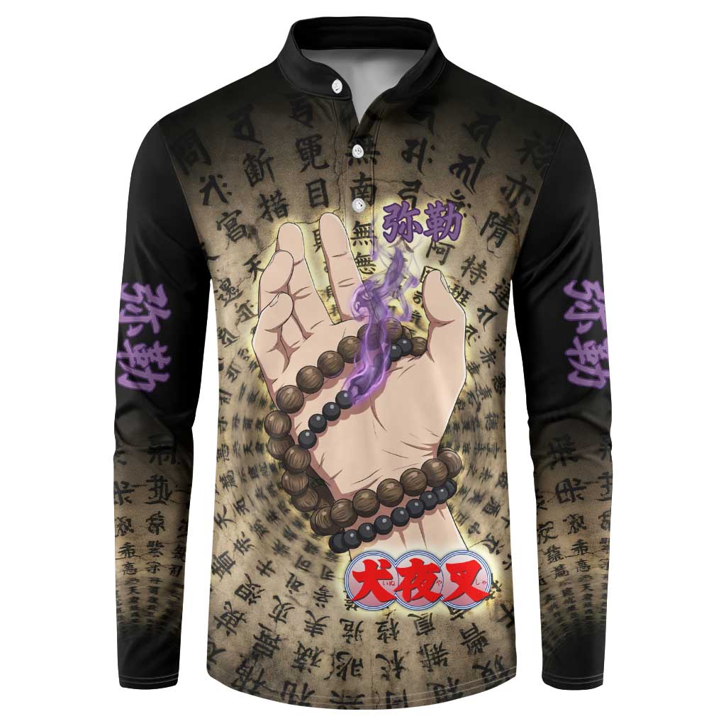 Miroku Inuyasha Series Button Sweatshirt Cursed Monk Aesthetic with Sutra Script Background