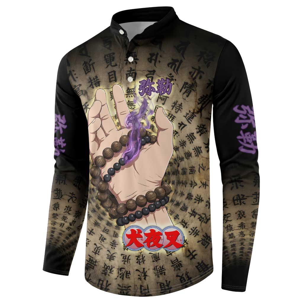 Miroku Inuyasha Series Button Sweatshirt Cursed Monk Aesthetic with Sutra Script Background