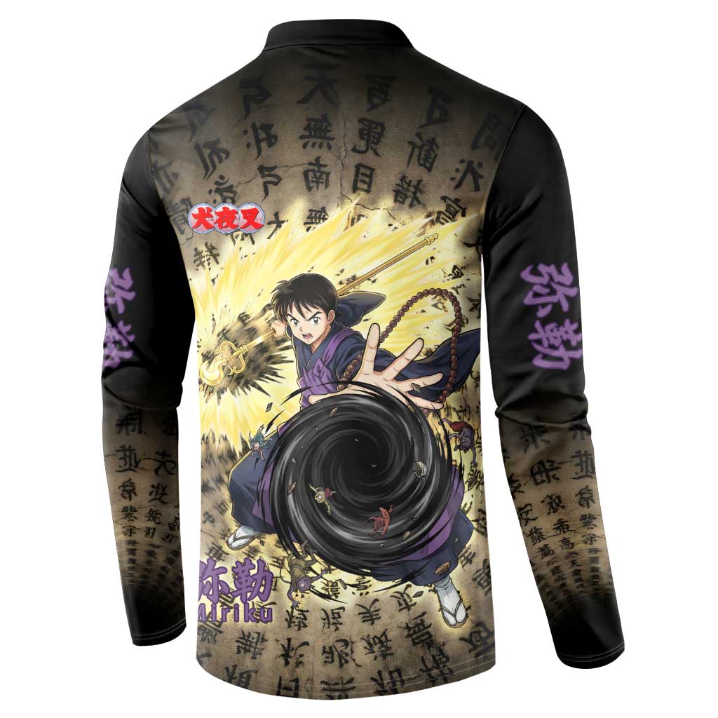 Miroku Inuyasha Series Button Sweatshirt Cursed Monk Aesthetic with Sutra Script Background