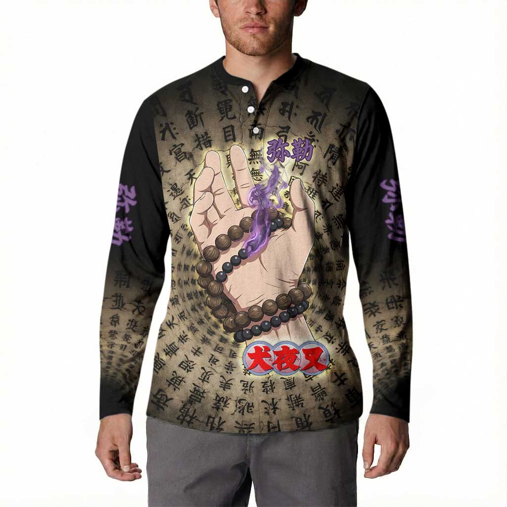 Miroku Inuyasha Series Button Sweatshirt Cursed Monk Aesthetic with Sutra Script Background