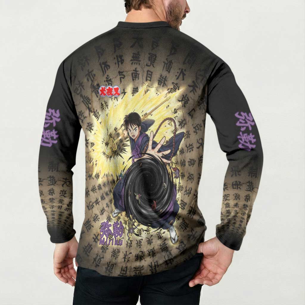 Miroku Inuyasha Series Button Sweatshirt Cursed Monk Aesthetic with Sutra Script Background