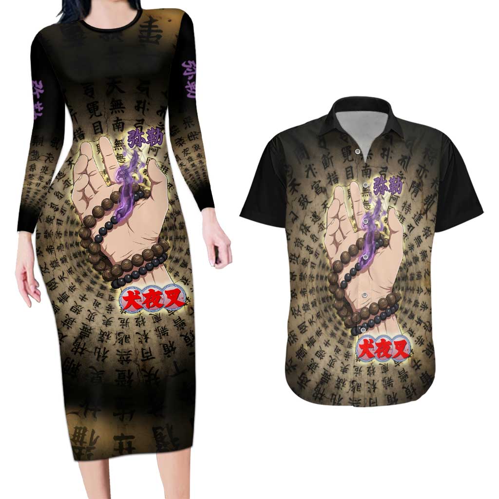 Miroku Inuyasha Series Couples Matching Long Sleeve Bodycon Dress and Hawaiian Shirt Cursed Monk Aesthetic with Sutra Script Background