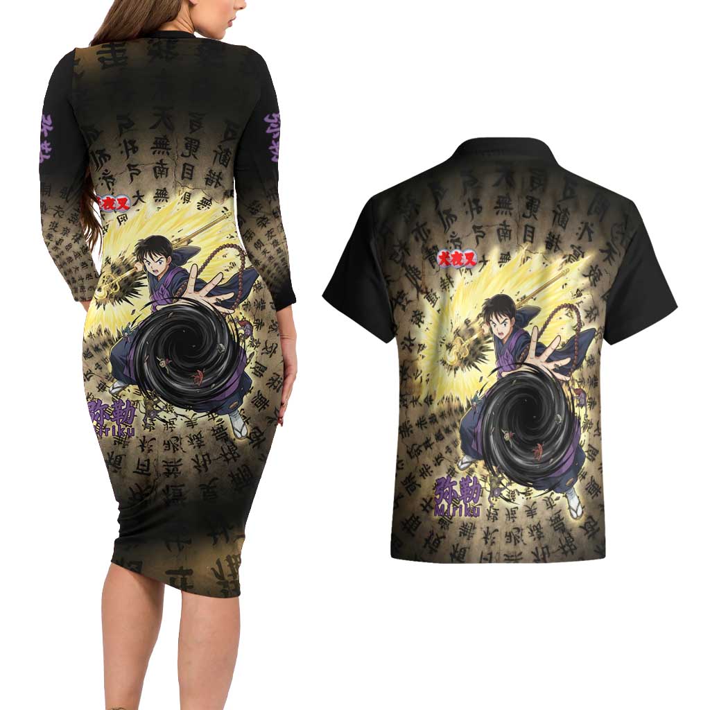 Miroku Inuyasha Series Couples Matching Long Sleeve Bodycon Dress and Hawaiian Shirt Cursed Monk Aesthetic with Sutra Script Background
