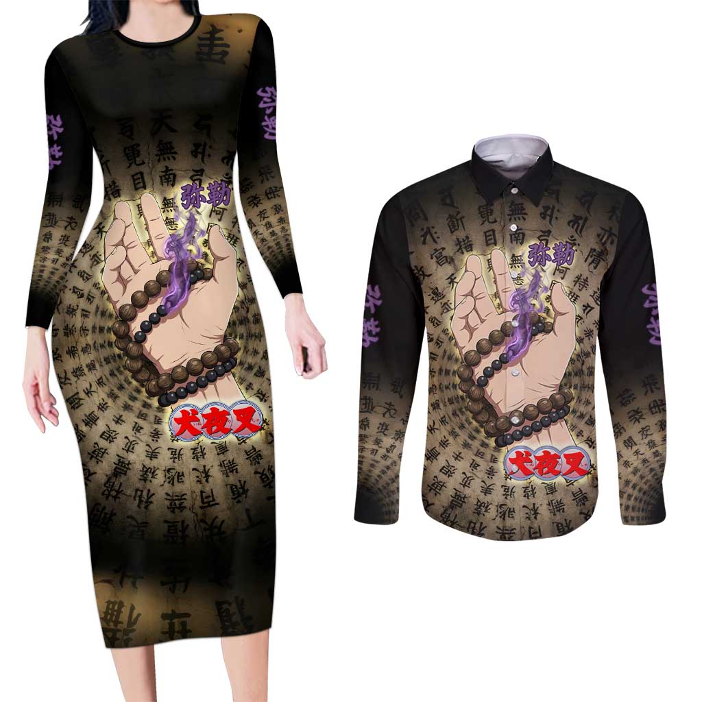 Miroku Inuyasha Series Couples Matching Long Sleeve Bodycon Dress and Long Sleeve Button Shirt Cursed Monk Aesthetic with Sutra Script Background