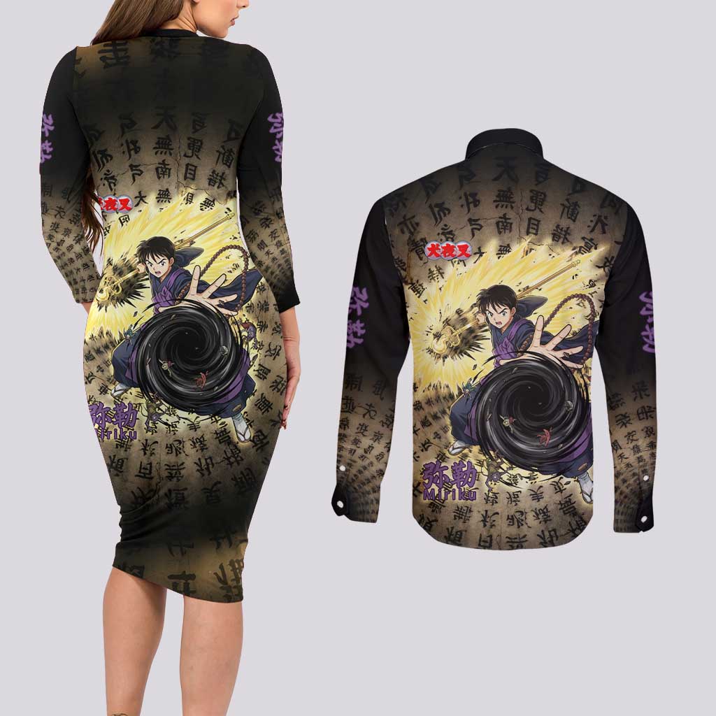 Miroku Inuyasha Series Couples Matching Long Sleeve Bodycon Dress and Long Sleeve Button Shirt Cursed Monk Aesthetic with Sutra Script Background
