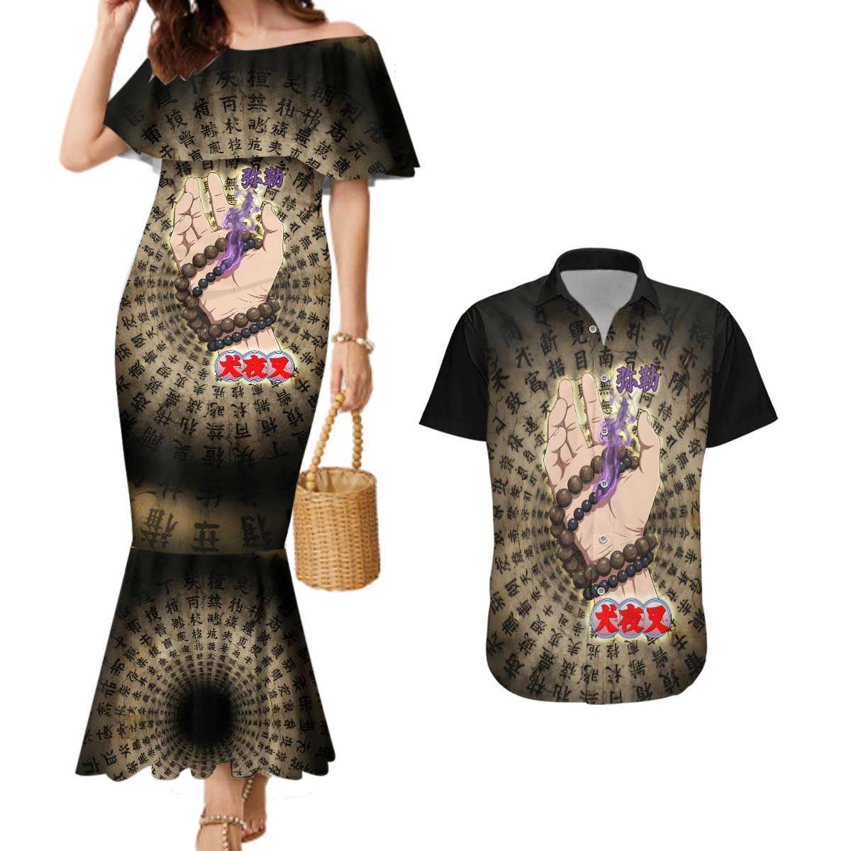Miroku Inuyasha Series Couples Matching Mermaid Dress and Hawaiian Shirt Cursed Monk Aesthetic with Sutra Script Background