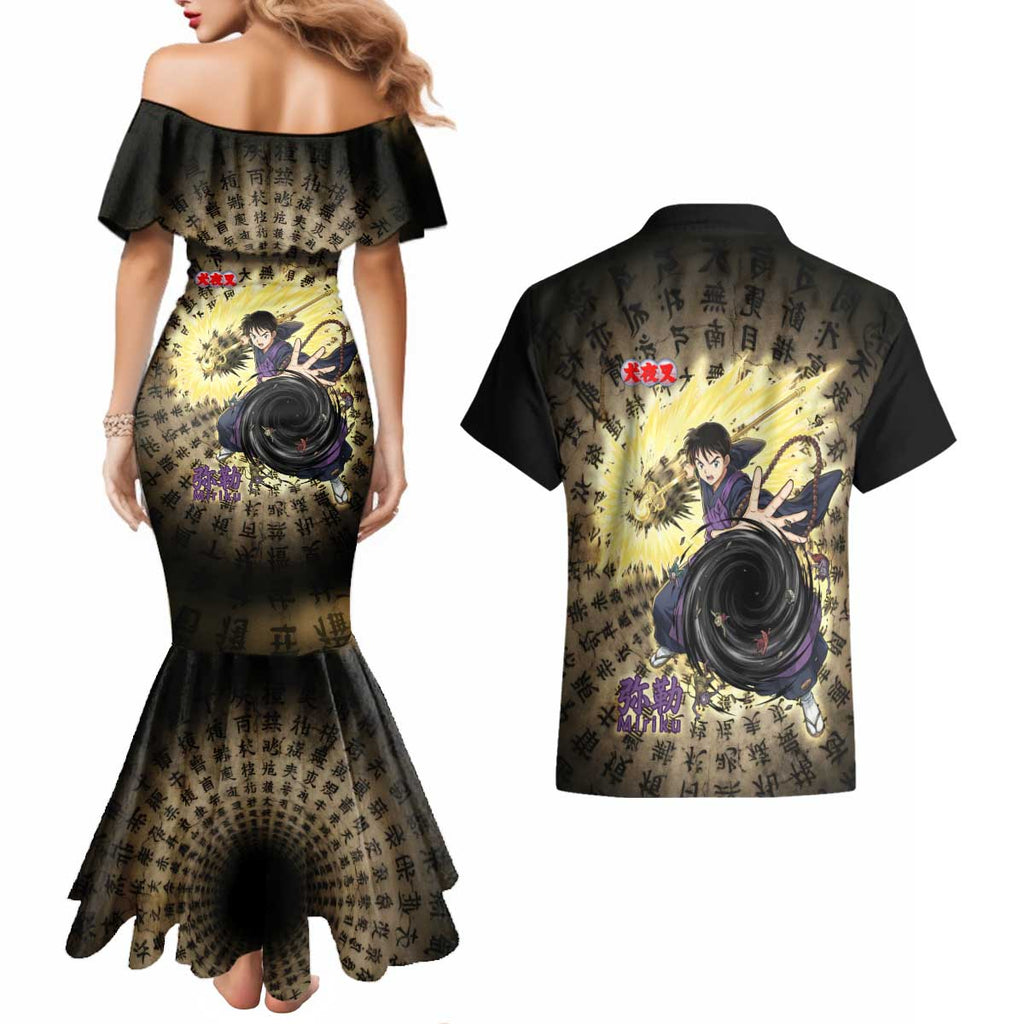 Miroku Inuyasha Series Couples Matching Mermaid Dress and Hawaiian Shirt Cursed Monk Aesthetic with Sutra Script Background